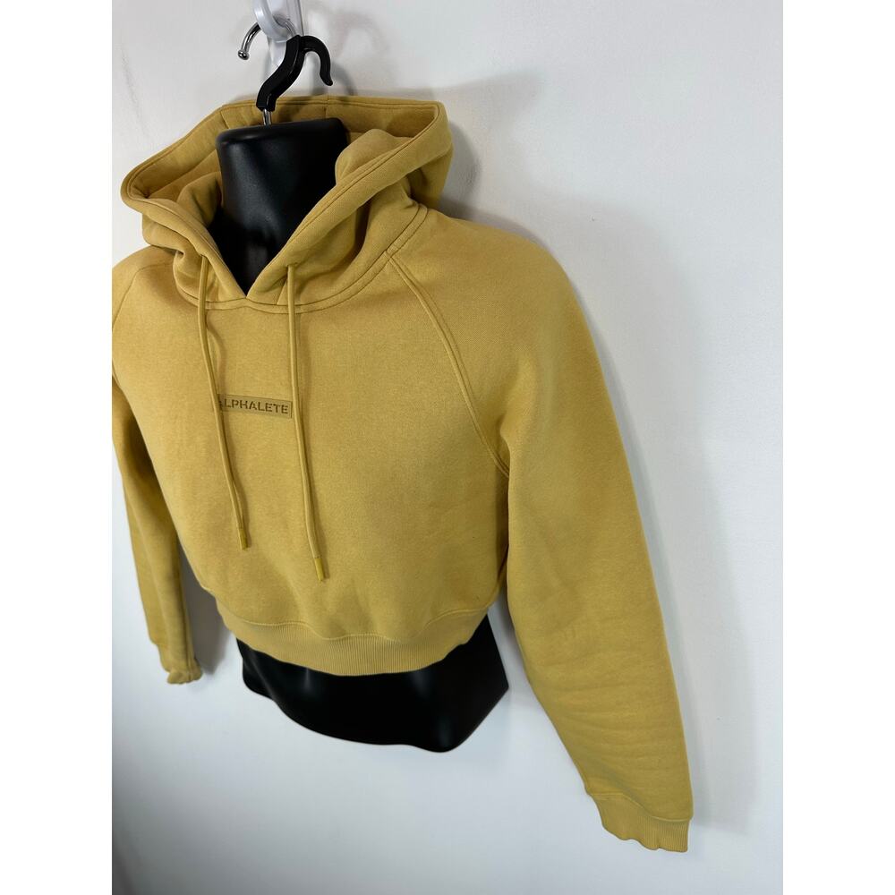 Alphalete Crop Hoodie Gold Size Small Cozy Fleece Chest Spellout Logo - Picture 8 of 9